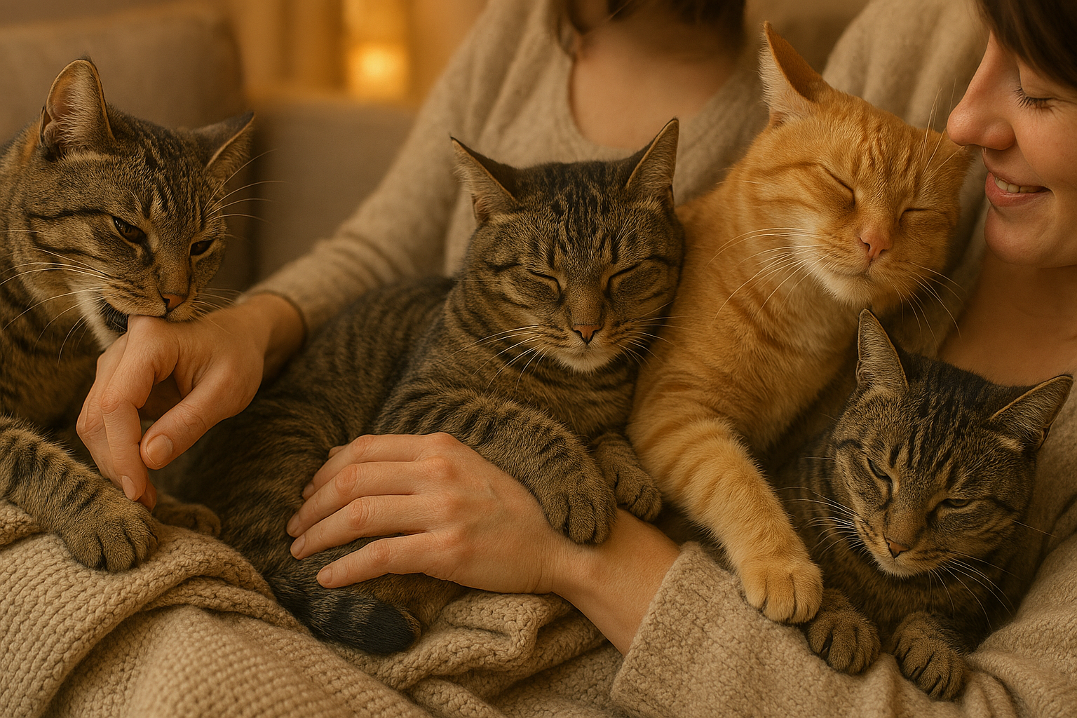cats affectionately laying in lap of owner