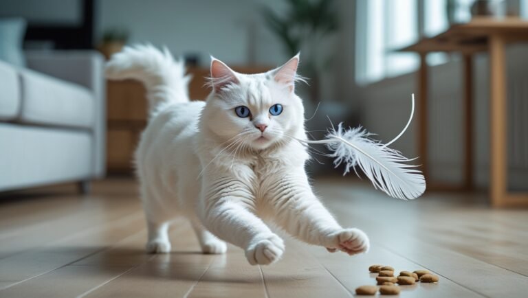 a white persian cat playing with feather wand