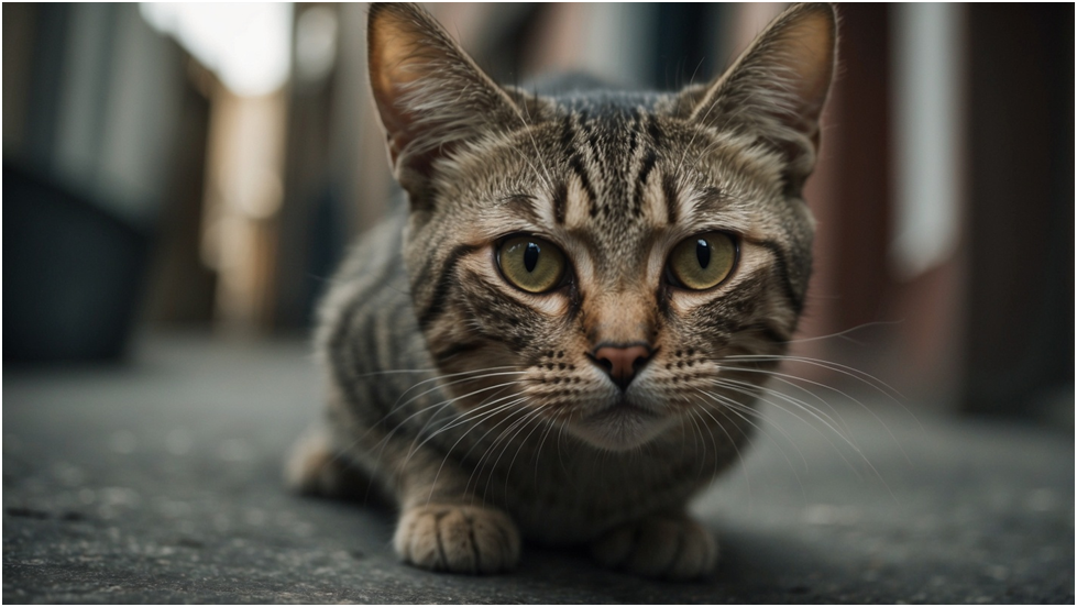 A fearful tabby cat crouching low to the ground with wide, alert eyes and flattened ears, in a dimly lit alleyway. The close-up highlights the cat's anxious expression and tense body language.