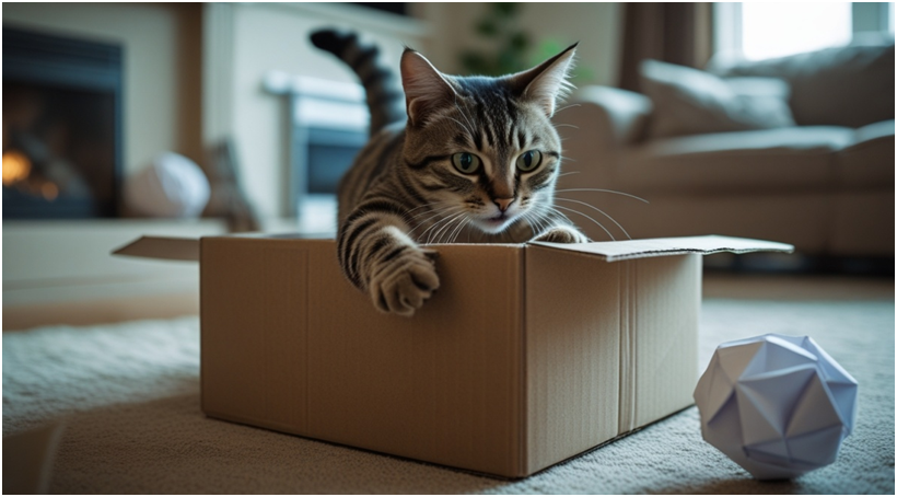 A curious cat exploring a cardboard box, demonstrating primal instincts."