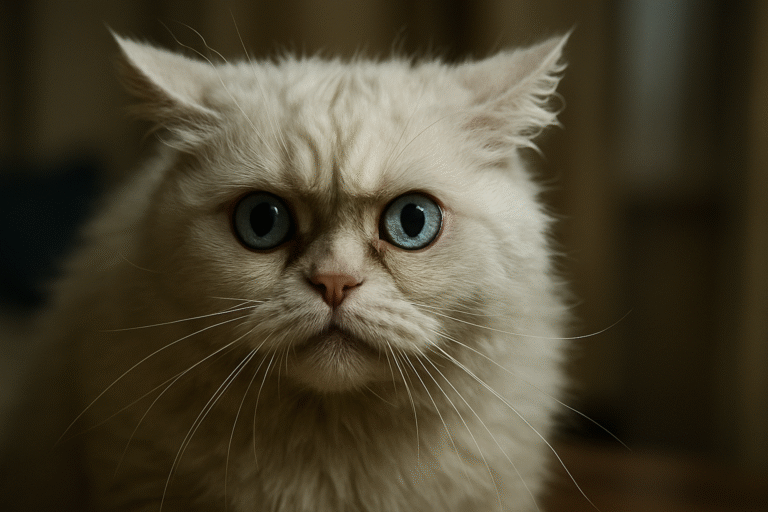 Close-up of a stressed white Persian cat with intense blue eyes and a furrowed brow, displaying signs of anxiety or unease. The cat's whiskers are prominent, and its fur appears soft against a blurred background.