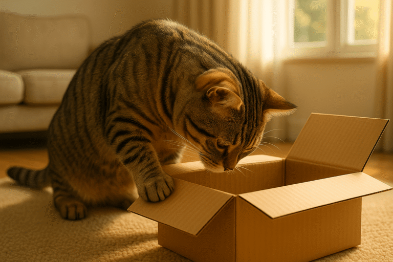Curious tabby cat investigating cardboard box in sunlit living room, demonstrating natural exploratory behavior essential for feline mental enrichment and cognitive stimulation