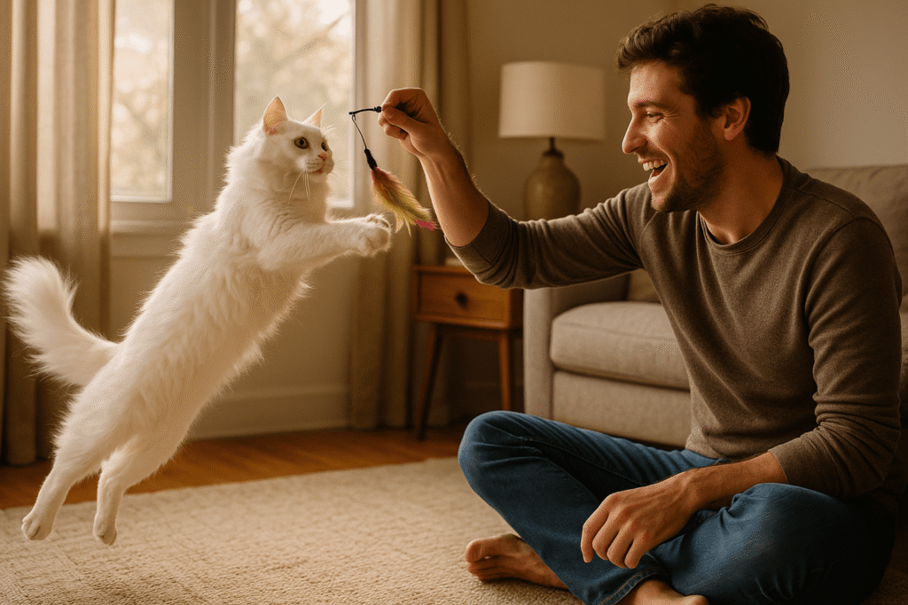 Loving cat owner engaged in interactive play with white cat using feather wand toy in sunlit living room, demonstrating the human-cat bonding that releases dopamine in cats' brains and satisfies natural hunting instincts through movement