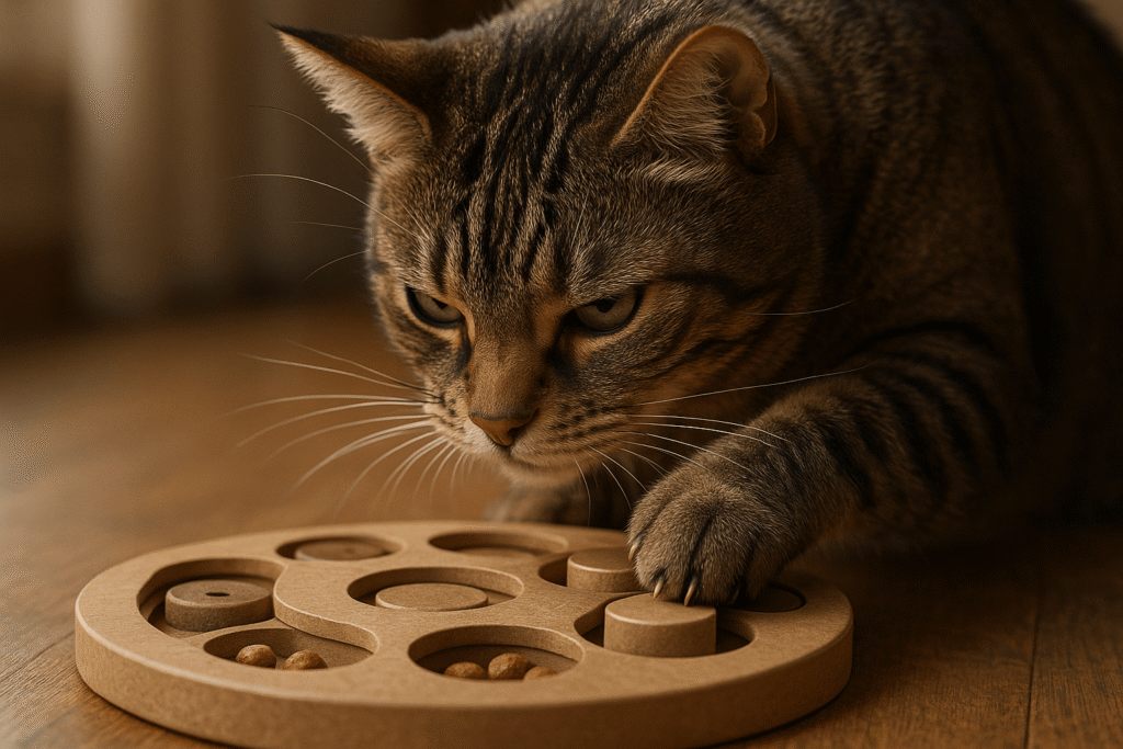 Focused tabby cat using paw to solve wooden puzzle feeder toy with visible treats, demonstrating natural problem-solving behavior that provides essential mental stimulation and reduces stress behaviors