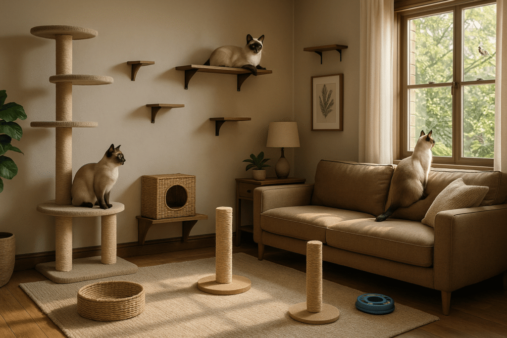 Enriched cat-friendly living room with vertical wall shelves, scratching posts, cat tree, and window perches where Siamese cats explore different heights and watch birds, demonstrating optimal environmental enrichment for indoor cats