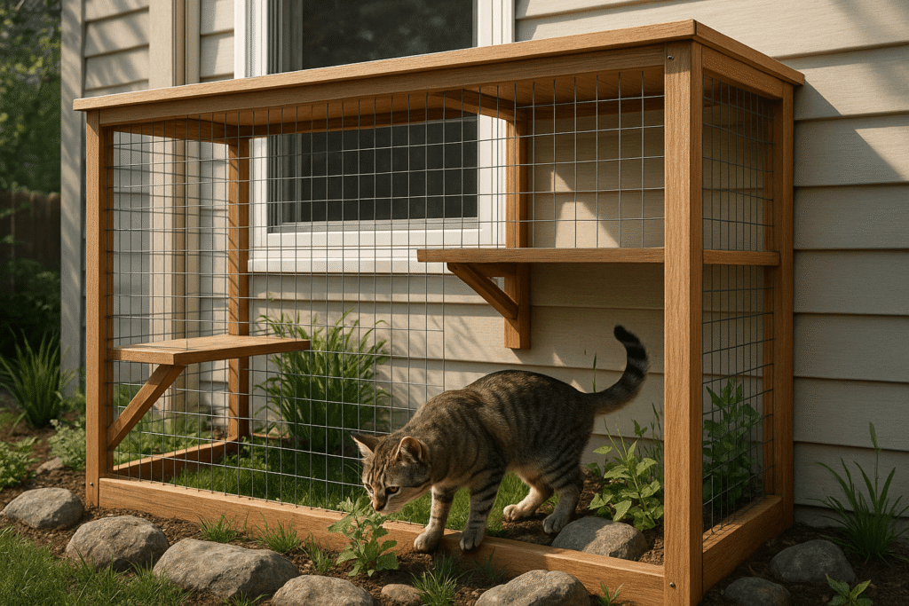 Tabby cat exploring a wooden catio enclosure with grass and plants, providing safe outdoor enrichment that satisfies natural curiosity while keeping cats protected