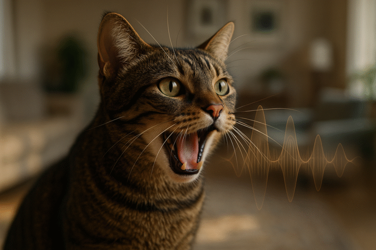 Tabby cat mid-meow with golden soundwave overlay demonstrating cat vocalizations and feline communication in home setting