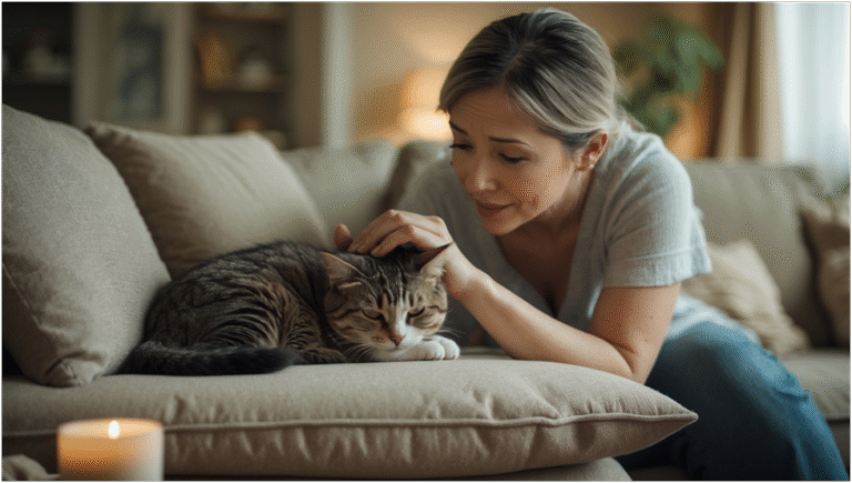 Cat owner comforting her sick tabby cat on a beige sofa in a cozy living room